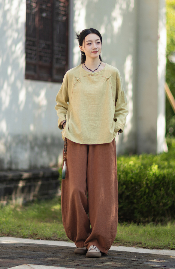 ラミーTシャツ 中国結びボタン 秋の新作 オリジナルデザイン レディース 長袖 ナチュラル素材 #黄色 9枚目の画像