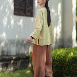 ラミーTシャツ 中国結びボタン 秋の新作 オリジナルデザイン レディース 長袖 ナチュラル素材 #黄色 12枚目の画像