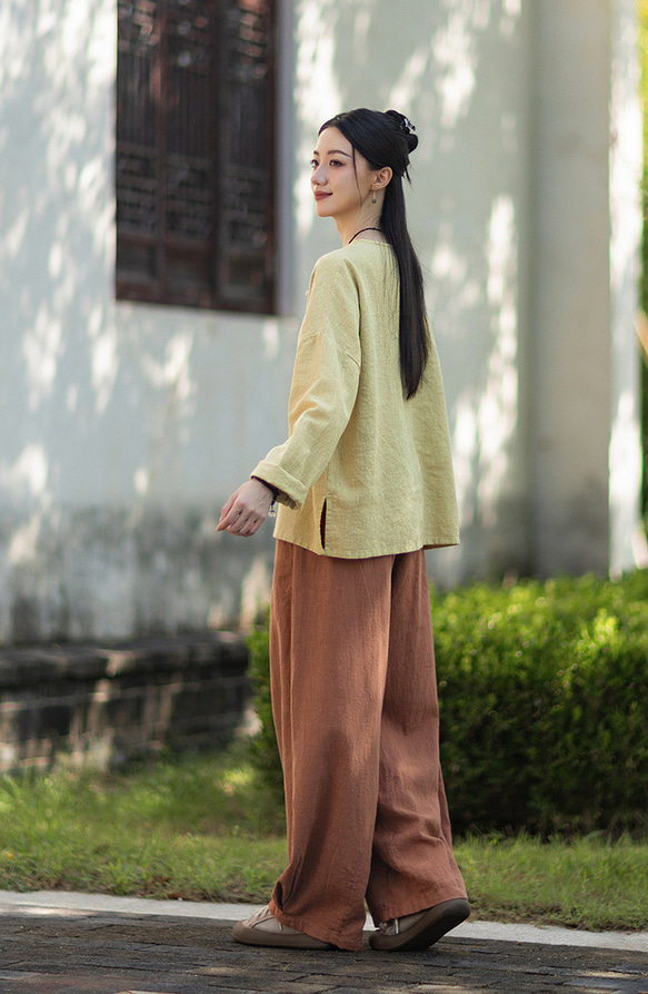 ラミーTシャツ 中国結びボタン 秋の新作 オリジナルデザイン レディース 長袖 ナチュラル素材 #黄色 12枚目の画像