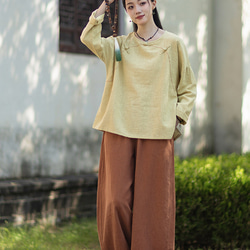 ラミーTシャツ 中国結びボタン 秋の新作 オリジナルデザイン レディース 長袖 ナチュラル素材 #黄色 11枚目の画像