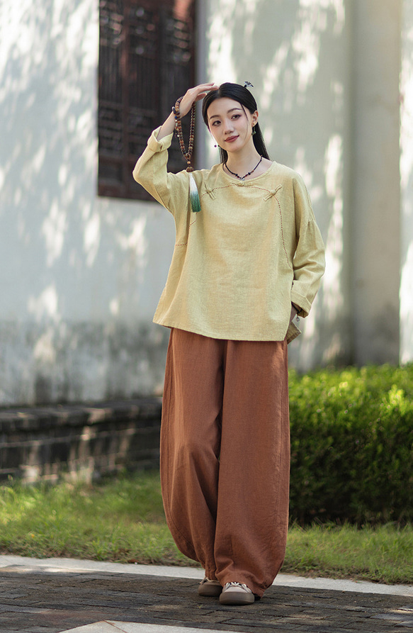 ラミーTシャツ 中国結びボタン 秋の新作 オリジナルデザイン レディース 長袖 ナチュラル素材 #黄色 11枚目の画像