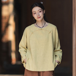 ラミーTシャツ 中国結びボタン 秋の新作 オリジナルデザイン レディース 長袖 ナチュラル素材 #黄色 4枚目の画像