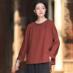 ラミーTシャツ 中国結びボタン 秋の新作 オリジナルデザイン レディース 長袖 ナチュラル素材 #赤色 4枚目の画像