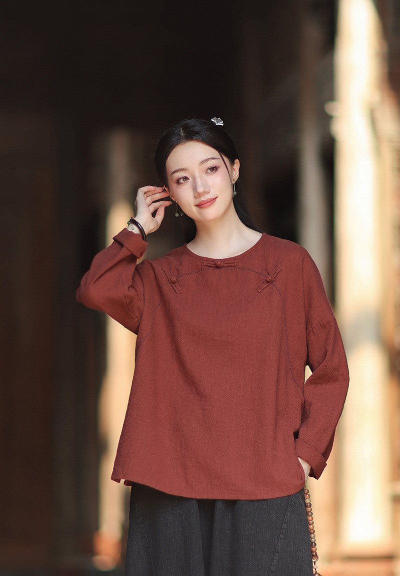 ラミーTシャツ 中国結びボタン 秋の新作 オリジナルデザイン レディース 長袖 ナチュラル素材 #赤色