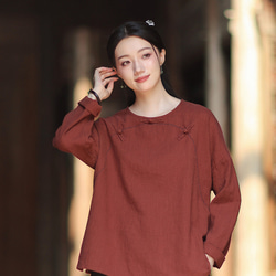 ラミーTシャツ 中国結びボタン 秋の新作 オリジナルデザイン レディース 長袖 ナチュラル素材 #赤色 1枚目の画像