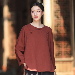 ラミーTシャツ 中国結びボタン 秋の新作 オリジナルデザイン レディース 長袖 ナチュラル素材 #赤色 5枚目の画像