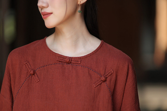 ラミーTシャツ 中国結びボタン 秋の新作 オリジナルデザイン レディース 長袖 ナチュラル素材 #赤色 8枚目の画像