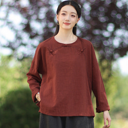 ラミーTシャツ 中国結びボタン 秋の新作 オリジナルデザイン レディース 長袖 ナチュラル素材 #赤色 6枚目の画像