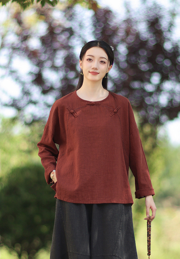 ラミーTシャツ 中国結びボタン 秋の新作 オリジナルデザイン レディース 長袖 ナチュラル素材 #赤色 6枚目の画像