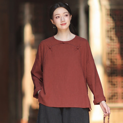 ラミーTシャツ 中国結びボタン 秋の新作 オリジナルデザイン レディース 長袖 ナチュラル素材 #赤色 7枚目の画像