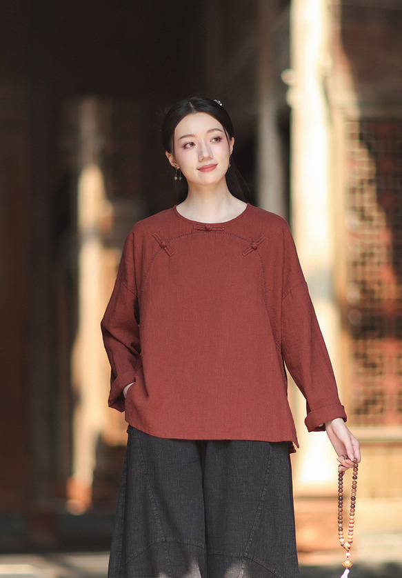 ラミーTシャツ 中国結びボタン 秋の新作 オリジナルデザイン レディース 長袖 ナチュラル素材 #赤色 7枚目の画像