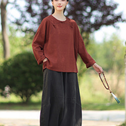 ラミーTシャツ 中国結びボタン 秋の新作 オリジナルデザイン レディース 長袖 ナチュラル素材 #赤色 11枚目の画像