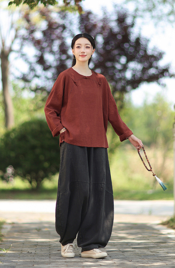 ラミーTシャツ 中国結びボタン 秋の新作 オリジナルデザイン レディース 長袖 ナチュラル素材 #赤色 11枚目の画像