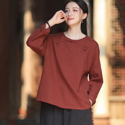 ラミーTシャツ 中国結びボタン 秋の新作 オリジナルデザイン レディース 長袖 ナチュラル素材 #赤色 2枚目の画像