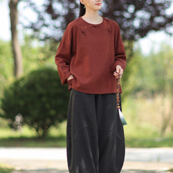 ラミーTシャツ 中国結びボタン 秋の新作 オリジナルデザイン レディース 長袖 ナチュラル素材 #赤色 10枚目の画像