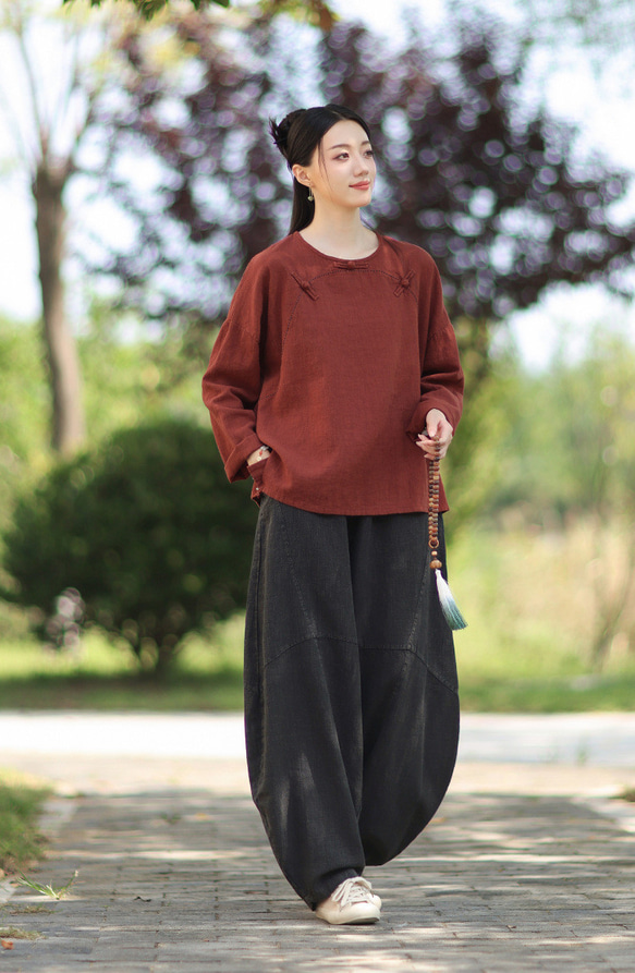 ラミーTシャツ 中国結びボタン 秋の新作 オリジナルデザイン レディース 長袖 ナチュラル素材 #赤色 10枚目の画像