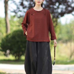 ラミーTシャツ 中国結びボタン 秋の新作 オリジナルデザイン レディース 長袖 ナチュラル素材 #赤色 9枚目の画像