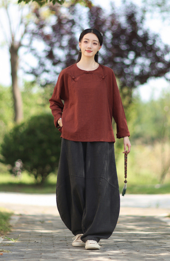 ラミーTシャツ 中国結びボタン 秋の新作 オリジナルデザイン レディース 長袖 ナチュラル素材 #赤色 9枚目の画像