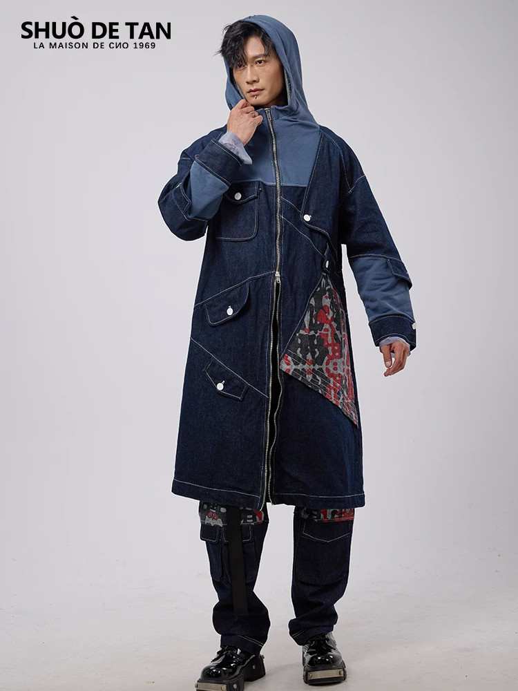 ユニセックス(*☻-☻*)デコンストラクト。コットンデニムのパッチワーク、膝丈ジッパー付きフード付きウィンドブレーカージャケット