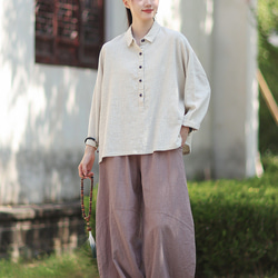 ラミーシャツ コンビカラー 中国結びボタン シャツカラー ゆったりシルエット オーガニックコットン 長袖 #麻色 10枚目の画像