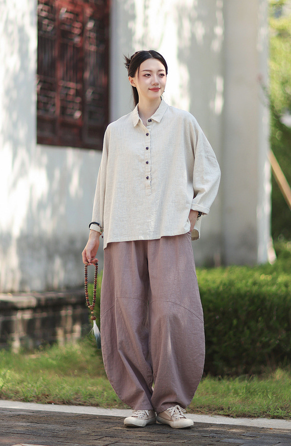 ラミーシャツ コンビカラー 中国結びボタン シャツカラー ゆったりシルエット オーガニックコットン 長袖 #麻色 10枚目の画像