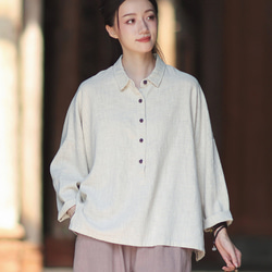 ラミーシャツ コンビカラー 中国結びボタン シャツカラー ゆったりシルエット オーガニックコットン 長袖 #麻色 2枚目の画像
