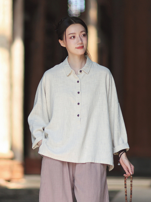 ラミーシャツ コンビカラー 中国結びボタン シャツカラー ゆったりシルエット オーガニックコットン 長袖 #麻色 2枚目の画像