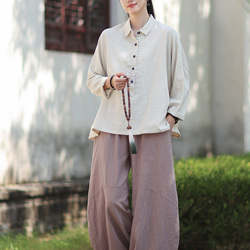 ラミーシャツ コンビカラー 中国結びボタン シャツカラー ゆったりシルエット オーガニックコットン 長袖 #麻色 9枚目の画像