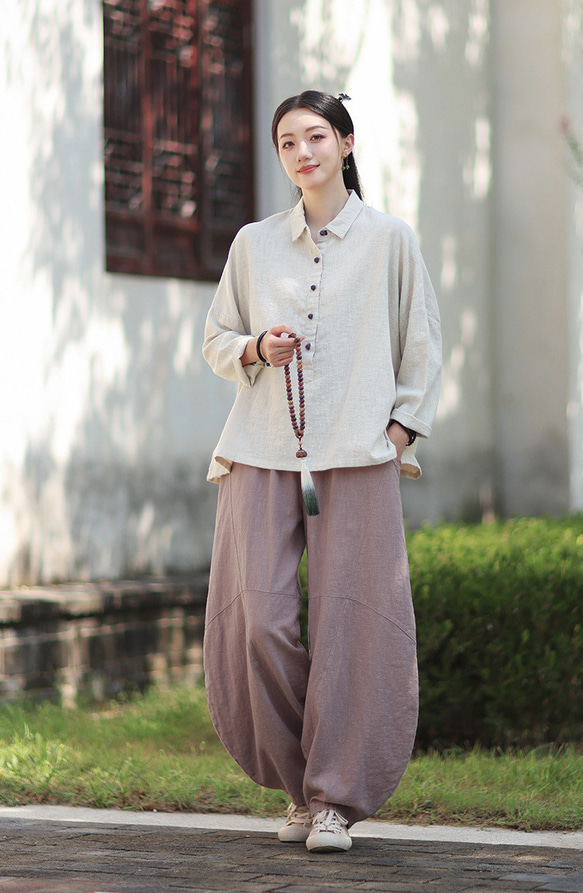 ラミーシャツ コンビカラー 中国結びボタン シャツカラー ゆったりシルエット オーガニックコットン 長袖 #麻色 9枚目の画像