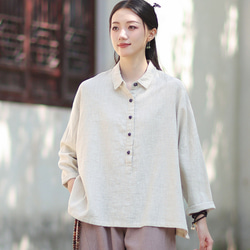 ラミーシャツ コンビカラー 中国結びボタン シャツカラー ゆったりシルエット オーガニックコットン 長袖 #麻色 7枚目の画像