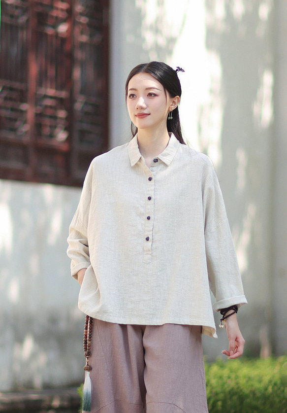ラミーシャツ コンビカラー 中国結びボタン シャツカラー ゆったりシルエット オーガニックコットン 長袖 #麻色 7枚目の画像