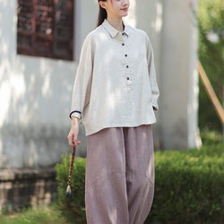 ラミーシャツ コンビカラー 中国結びボタン シャツカラー ゆったりシルエット オーガニックコットン 長袖 #麻色 8枚目の画像