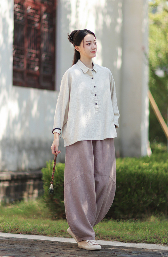 ラミーシャツ コンビカラー 中国結びボタン シャツカラー ゆったりシルエット オーガニックコットン 長袖 #麻色 8枚目の画像