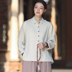 ラミーシャツ コンビカラー 中国結びボタン シャツカラー ゆったりシルエット オーガニックコットン 長袖 #麻色 4枚目の画像