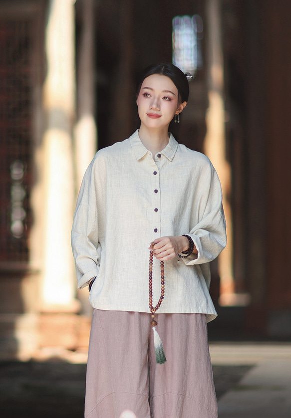 ラミーシャツ コンビカラー 中国結びボタン シャツカラー ゆったりシルエット オーガニックコットン 長袖 #麻色 4枚目の画像