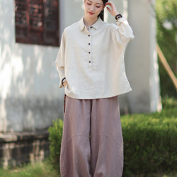 ラミーシャツ コンビカラー 中国結びボタン シャツカラー ゆったりシルエット オーガニックコットン 長袖 #麻色 11枚目の画像