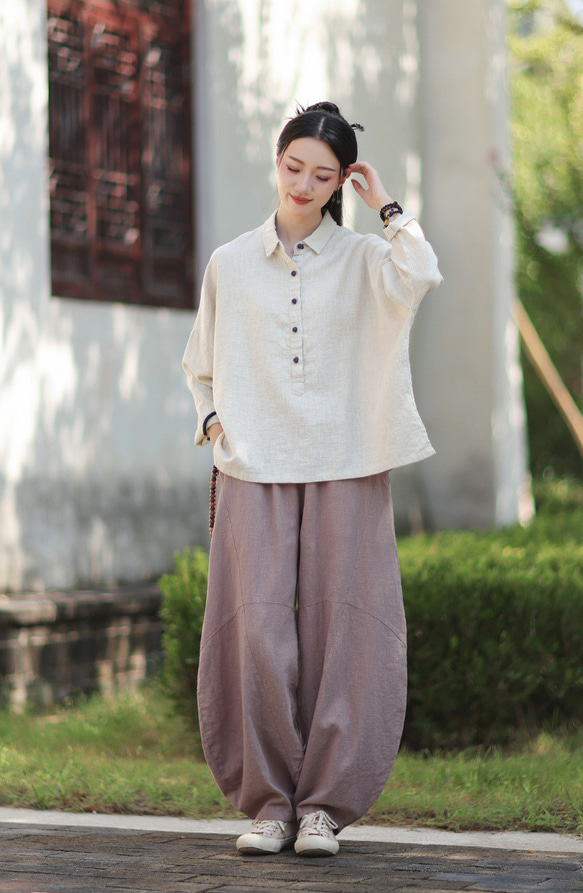 ラミーシャツ コンビカラー 中国結びボタン シャツカラー ゆったりシルエット オーガニックコットン 長袖 #麻色 11枚目の画像
