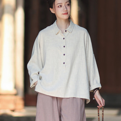ラミーシャツ コンビカラー 中国結びボタン シャツカラー ゆったりシルエット オーガニックコットン 長袖 #麻色 5枚目の画像