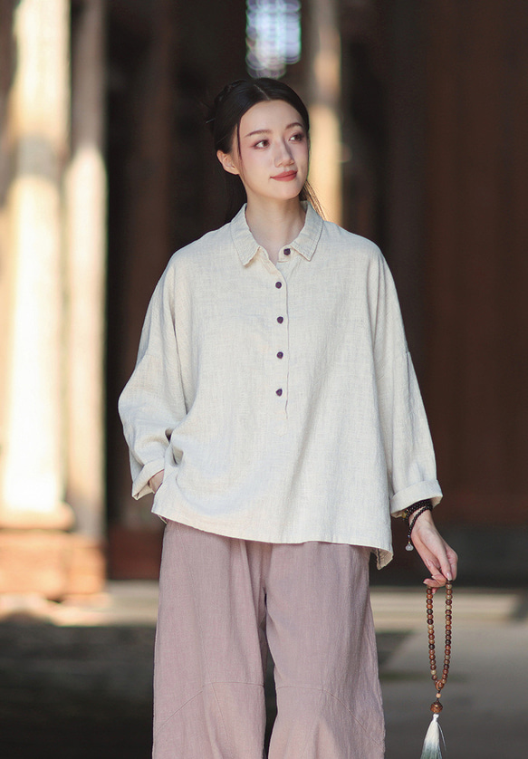 ラミーシャツ コンビカラー 中国結びボタン シャツカラー ゆったりシルエット オーガニックコットン 長袖 #麻色 5枚目の画像