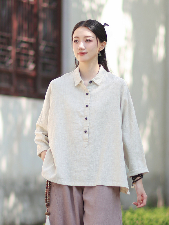 ラミーシャツ コンビカラー 中国結びボタン シャツカラー ゆったりシルエット オーガニックコットン 長袖 #麻色 1枚目の画像