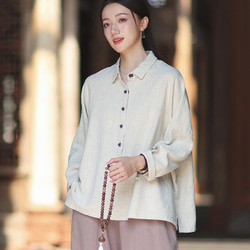 ラミーシャツ コンビカラー 中国結びボタン シャツカラー ゆったりシルエット オーガニックコットン 長袖 #麻色 6枚目の画像