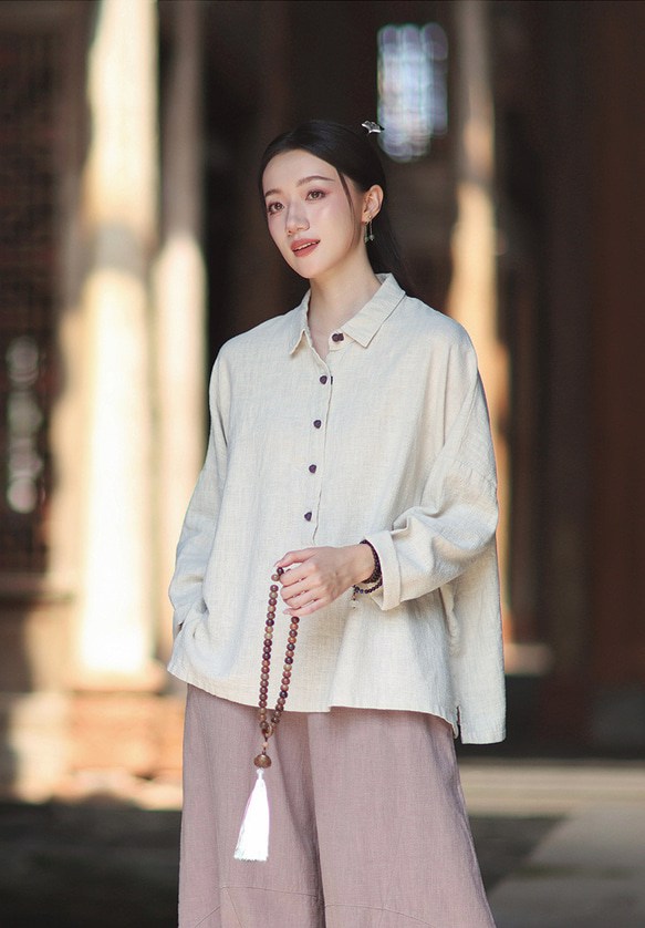 ラミーシャツ コンビカラー 中国結びボタン シャツカラー ゆったりシルエット オーガニックコットン 長袖 #麻色 6枚目の画像