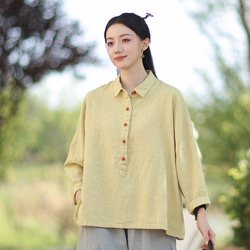 ラミーシャツ コンビカラー 中国結びボタン シャツカラー ゆったりシルエット オーガニックコットン 長袖 #黄色 5枚目の画像