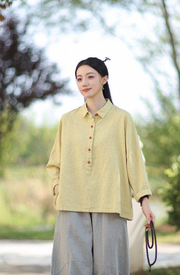 ラミーシャツ コンビカラー 中国結びボタン シャツカラー ゆったりシルエット オーガニックコットン 長袖 #黄色 5枚目の画像