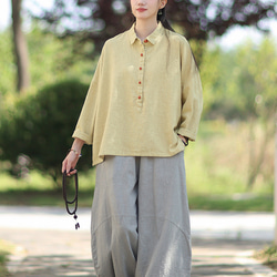 ラミーシャツ コンビカラー 中国結びボタン シャツカラー ゆったりシルエット オーガニックコットン 長袖 #黄色 11枚目の画像