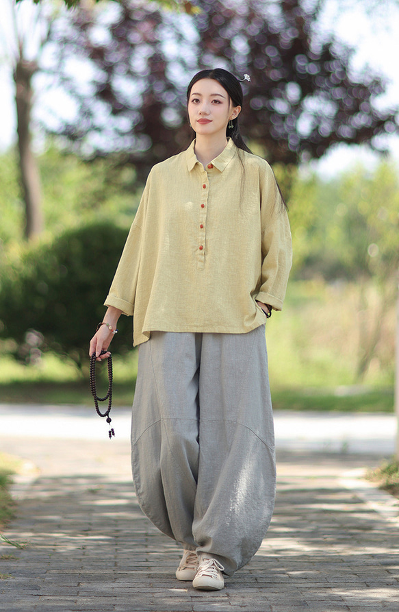 ラミーシャツ コンビカラー 中国結びボタン シャツカラー ゆったりシルエット オーガニックコットン 長袖 #黄色 11枚目の画像