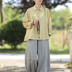 ラミーシャツ コンビカラー 中国結びボタン シャツカラー ゆったりシルエット オーガニックコットン 長袖 #黄色 12枚目の画像