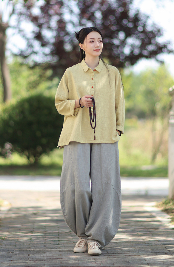 ラミーシャツ コンビカラー 中国結びボタン シャツカラー ゆったりシルエット オーガニックコットン 長袖 #黄色 12枚目の画像