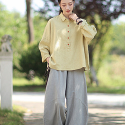 ラミーシャツ コンビカラー 中国結びボタン シャツカラー ゆったりシルエット オーガニックコットン 長袖 #黄色 9枚目の画像