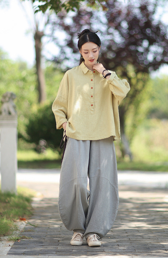 ラミーシャツ コンビカラー 中国結びボタン シャツカラー ゆったりシルエット オーガニックコットン 長袖 #黄色 9枚目の画像